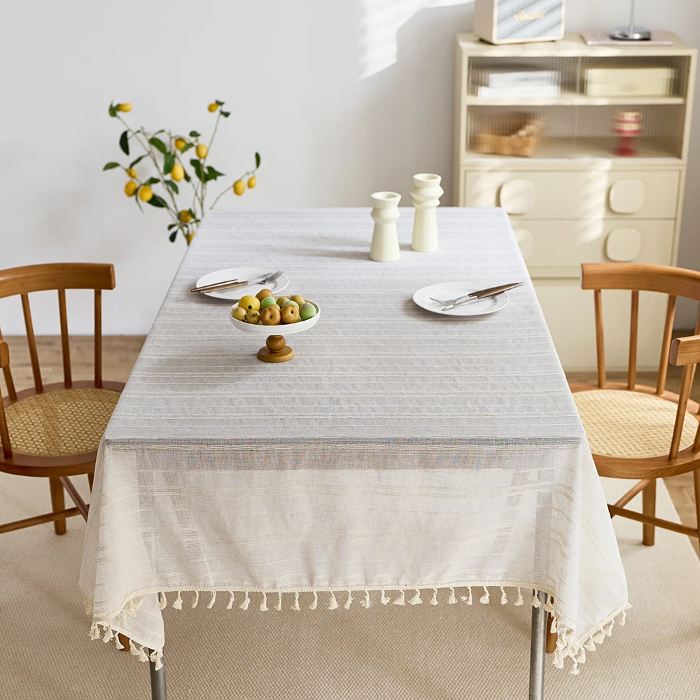 Vintage Farmhouse White Striped Tablecloth, Soft Tassel Table Cover for Rustic Dining Room Decor&Spring Outdoor Wedding