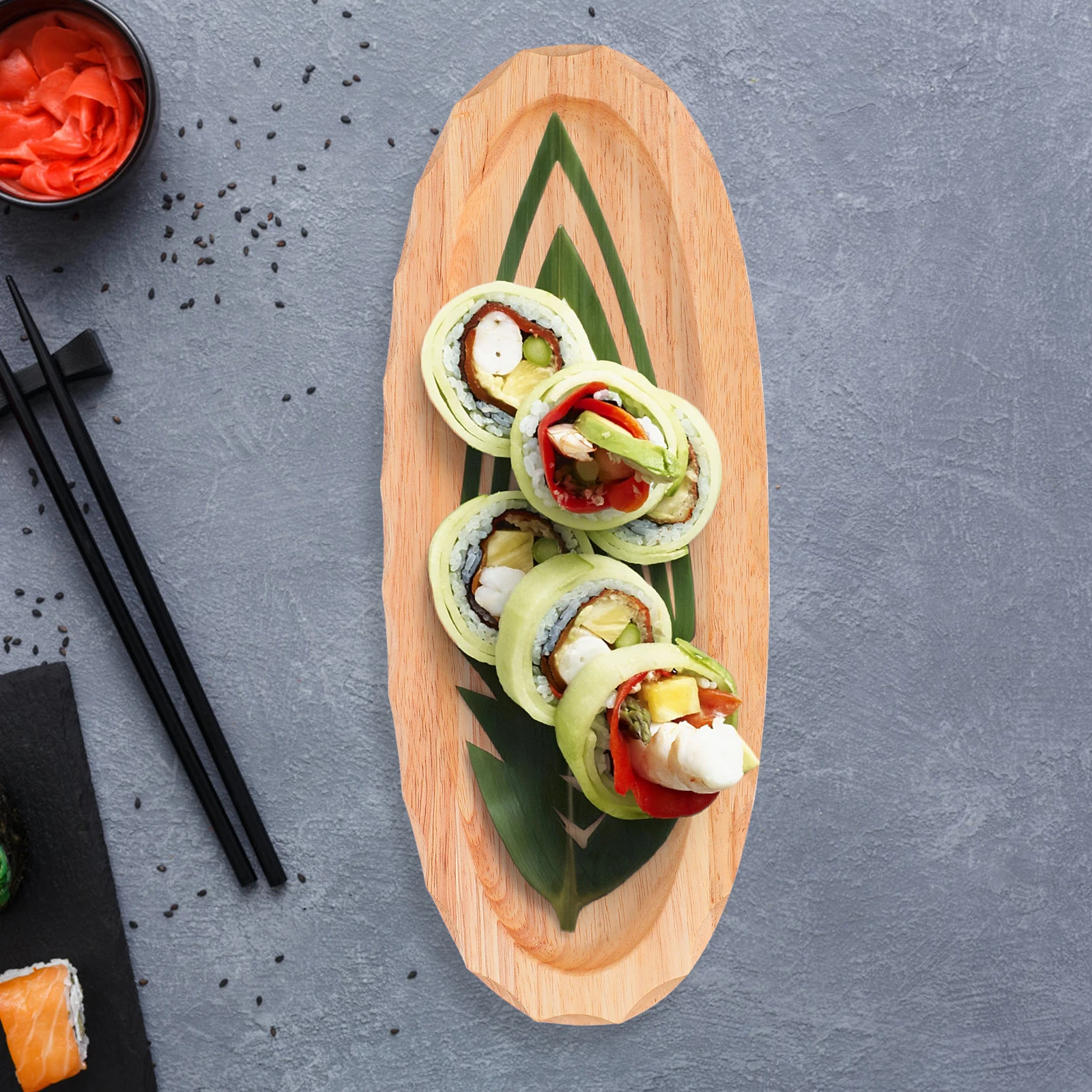 

30X12Cm Oval Wooden Sushi Plate Japanese Style Serving Tray Ripple Edge Elegant Platter For Sushi Dumplings Snacks Desserts Wood