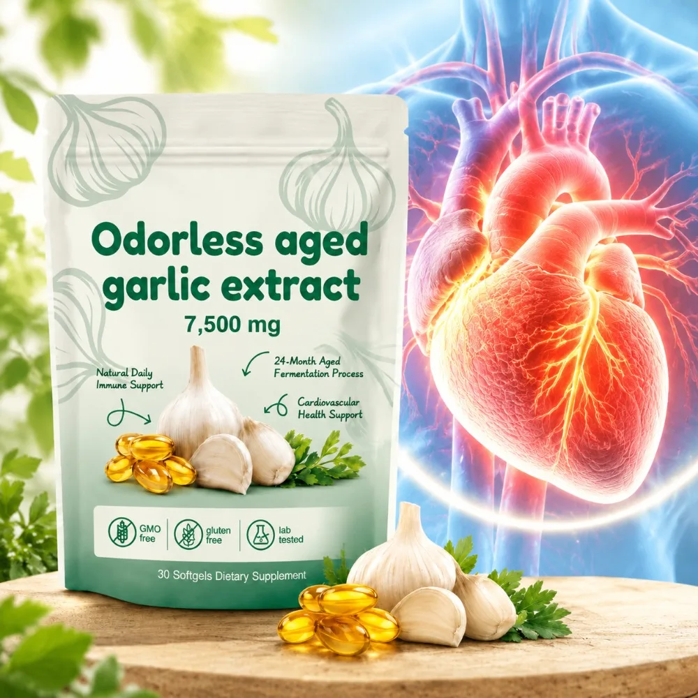 Odorless Aged Garlic Extract 7500mg Softgels Cardiovascular Health Enhance, Immune Balance, Antioxidant Care Supply Non-GMO 30Ct