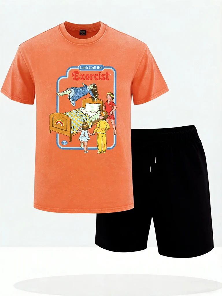 

Let'S Call The Exorcist Prints Washed Tee Shirts Casual Cotton T-Shirt Breathable Sport Top Mens Sets O-Neck All-Match Clothes