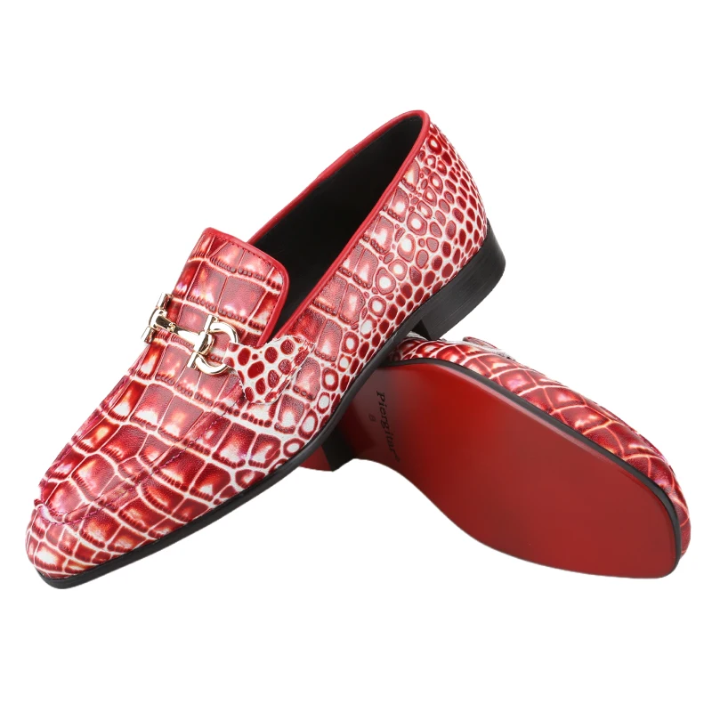 Piergitar Classic Model Gold Horsebits Men's Loafers Red And Light Green Crocodile Pattern Calfskin Handmade Slip-On Slippers