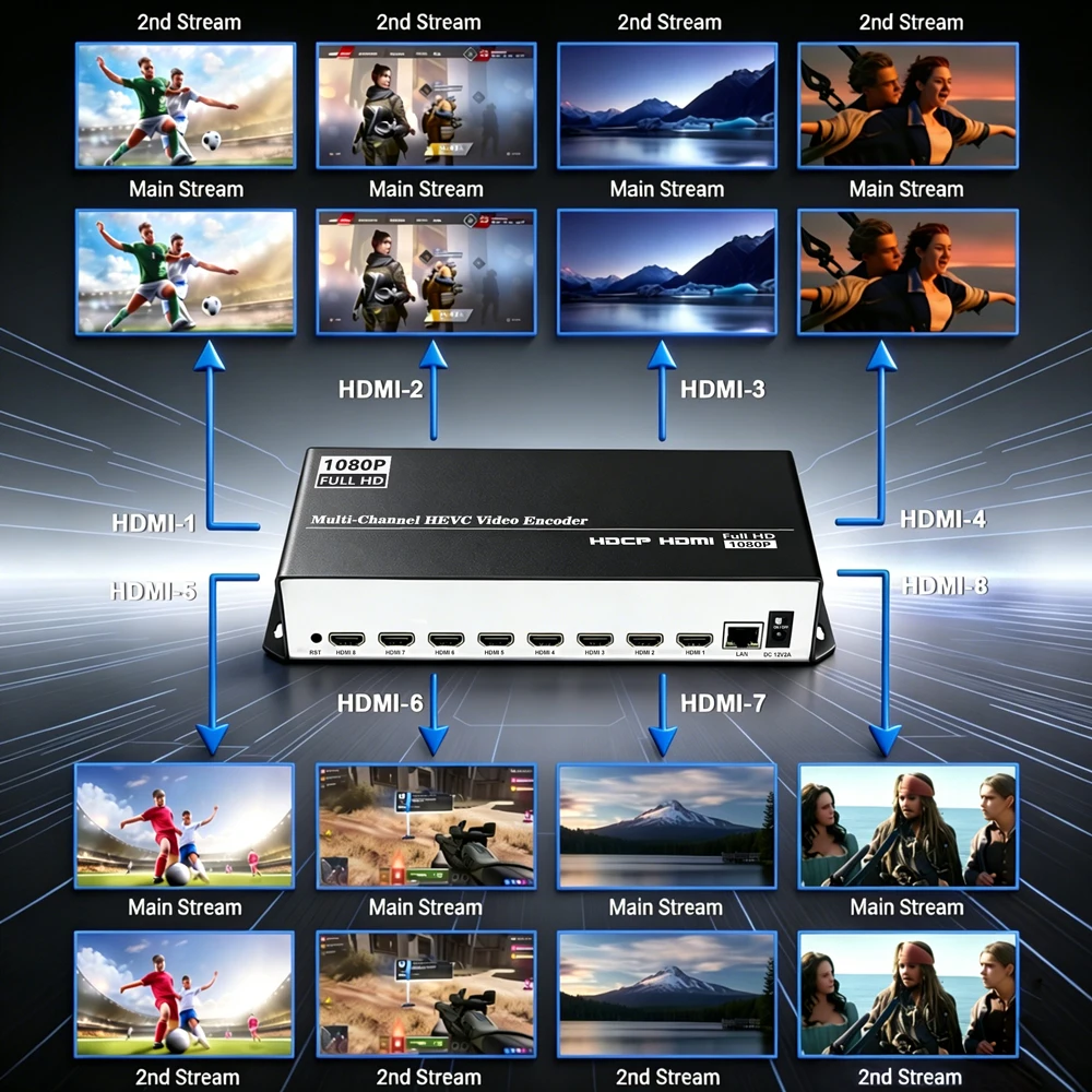 Encodeurs de streaming en direct IPTV avec UDP, HLS, RTMP, RTSP, SRT, ONVIF, 8 canaux, HEVC H.264, HD, HDMI vers IP