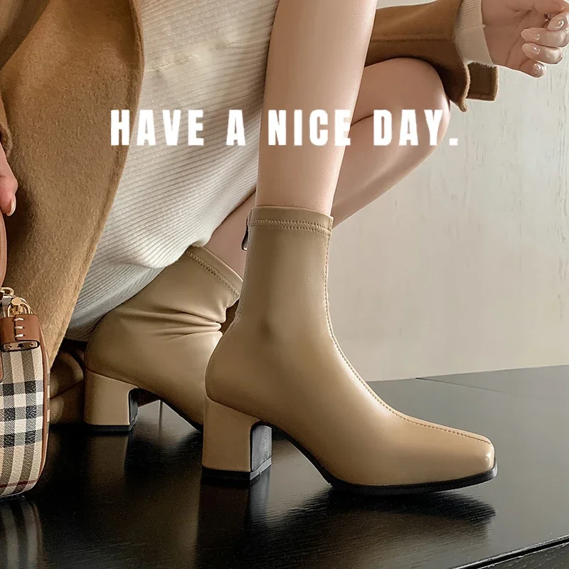 2026 new autumn winter women ankle boots 22-24.5cm stretch microfiber square toe thick heel modern boots back zip skinny boots