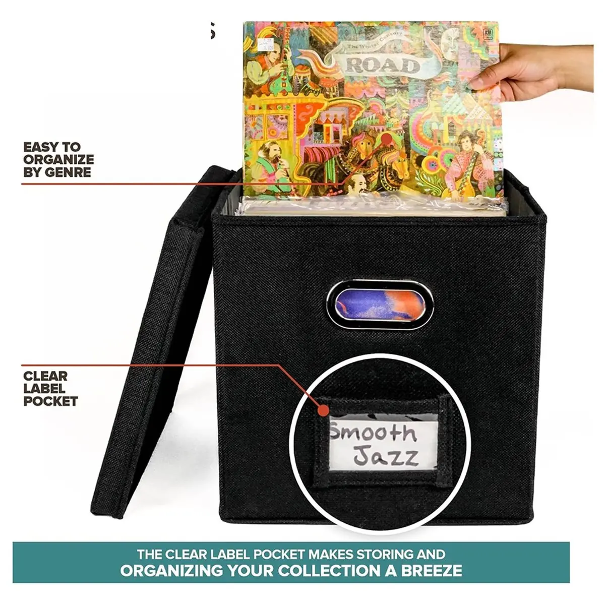 Vinyl Record Storage Box for 50+ Albums, Stylish Crate for LPs, Moving & Home Organizer