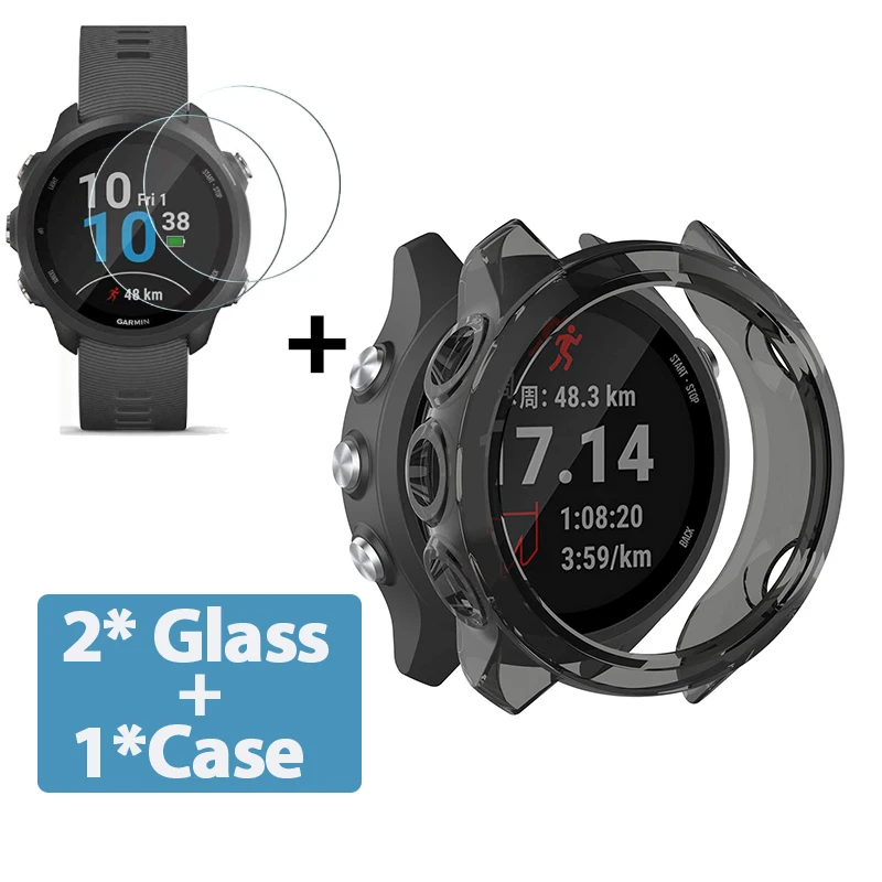 2-in-1 Protector Case + Screen Protector for Garmin Forerunner 245 245 Music Soft TPU Protective Cover Shell Tempered Glass Film