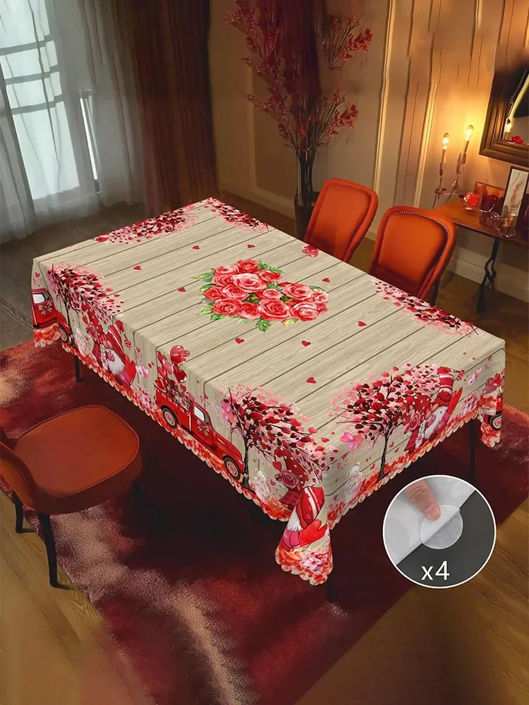 1 Piece Valentine's Day Round Tablecloth, Available in 5 Sizes, Heart Gnome Wood Grain Pattern Decorative Tablecloth, Comes with 4 Tablecloth Stickers, Embossed Edge Craftsmanship, Valentine's Day Decoration, Spring Garden Tablecloth Decoration, Suitable for Daily Home Kitchen and Patio Use, Valentine's Day Gift