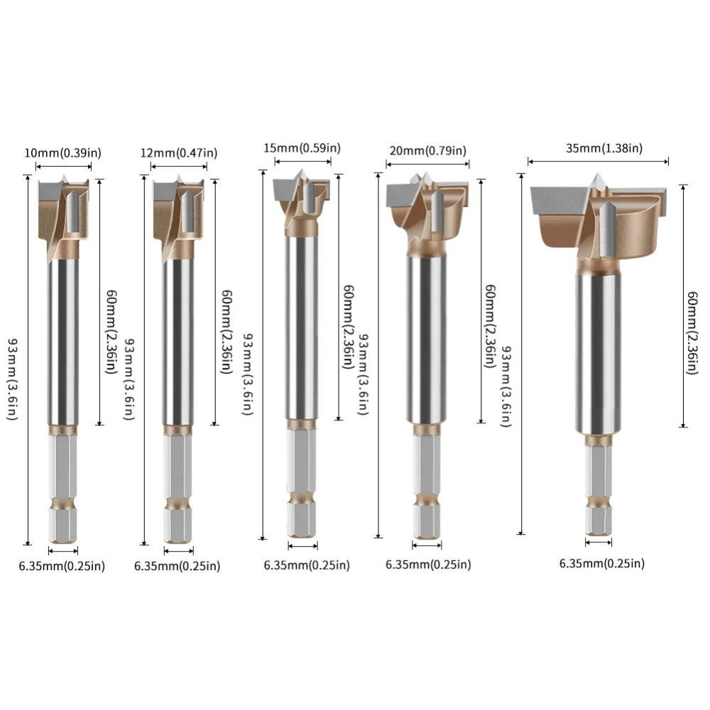 5-Piece 6.35mm Hex Shank Professional Woodworking Bit Set with Three-Teeth Double-Blade Alloy Drill Bits view 5