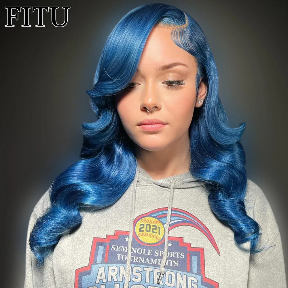 

FITU Blue Transparent 13x6 13x4 Lace Frontal Human Hair Wig 613 Colored Plucked With Baby Hair 5x5 Lace Closure Wig