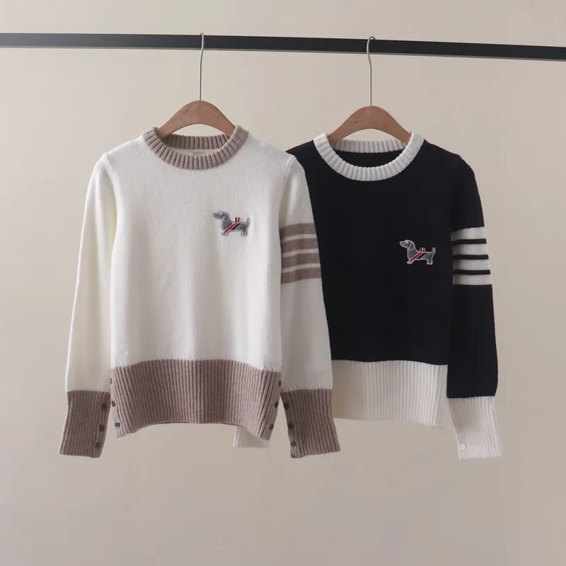 Autumn and Winter NewtbPreppy Style Chest Puppy Patch Color-Block Crew Neck Long Sleeve Pullover Sweater All-Match Sweater