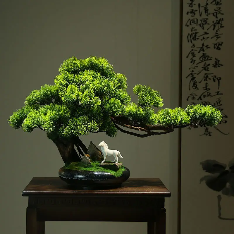 Simulation micro-landscape welcoming pine green plants bonsai living room porch decoration Chinese office home accessories