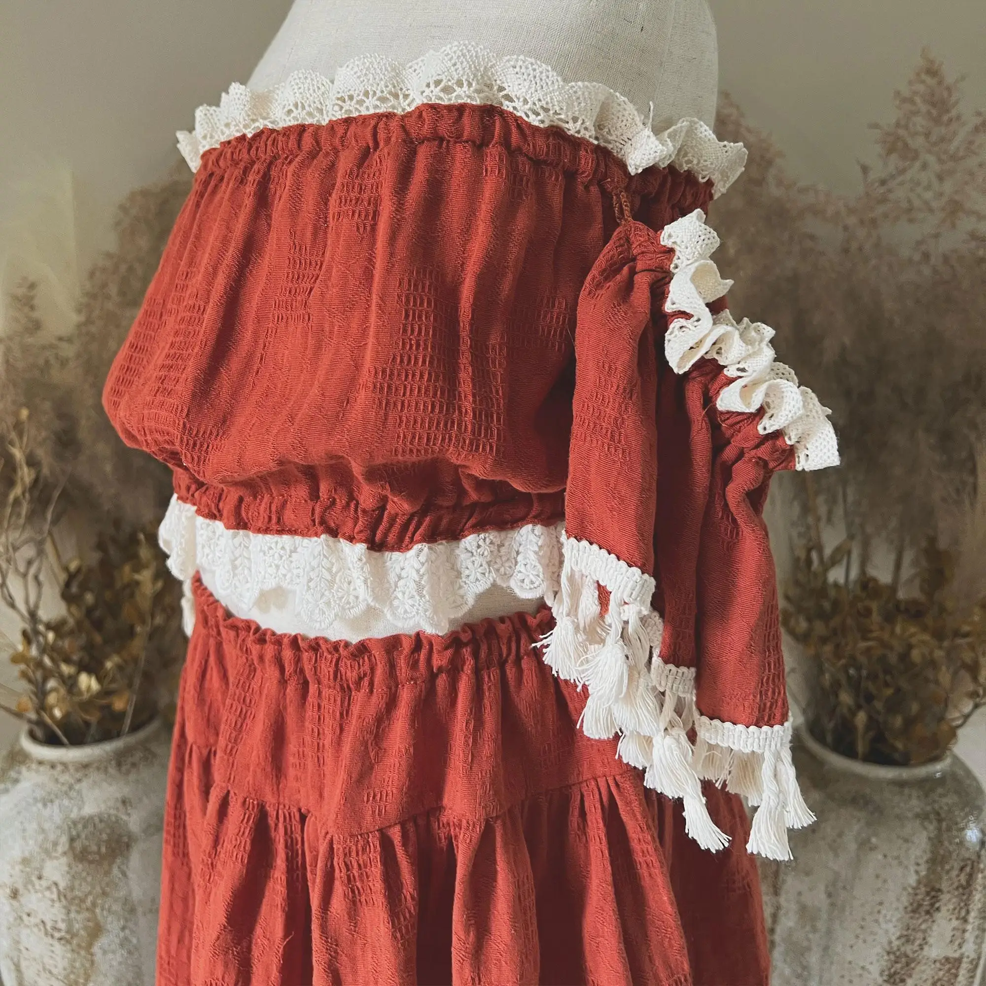 Don&Judy Boho-Stil-Kleid für Mädchen, zweiteiliges Set, Rock, Baumwolle, Spitzenbesatz, Stoff für Mädchen, 3–6 Jahre, Fotorock – Detail 7