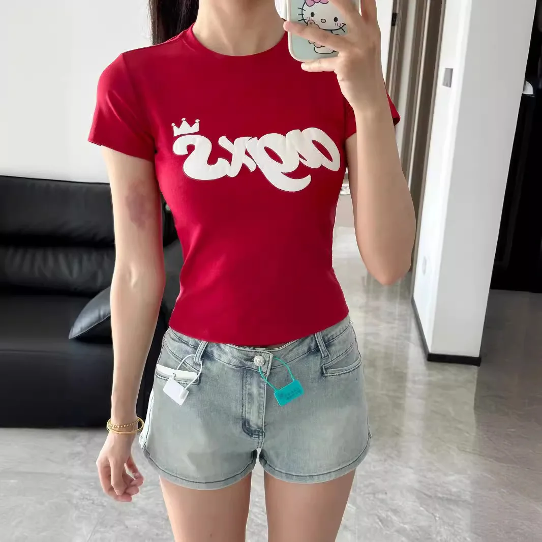 Camiseta de Manga Corta Ajustada para Mujer, Roja, Mezcla de Algodón y Lycra, Cómoda, Transpirable, Estampada, Informal, para Verano
