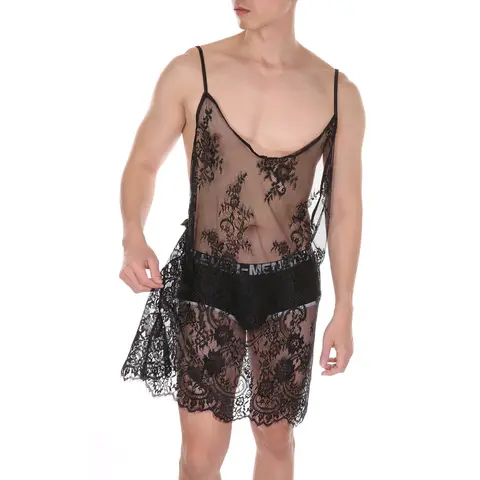 CLEVER-MENMODE Lace Sleep Slip Dress Men Sexy Crossdressing Spaghetti Strap Pajamas Babydoll Nightwear Lingerie Sleepwear