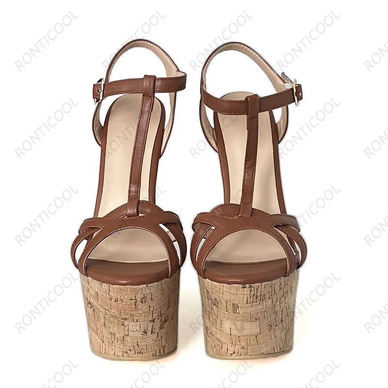 Ronticool Handmade Women T-strap Sandals Ultra High Wedges Heels Round Toe Classics Black Dress Shoes Ladies US Plus Size 5-15