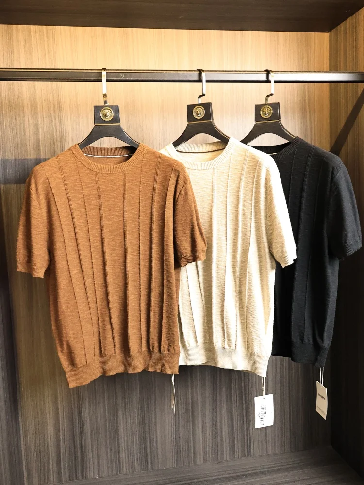 

Knitted Summer Top for Men round Neck Short Sleeve Soft Cotton Linen Blend Fashionable Casual Versatile Skin-friendly