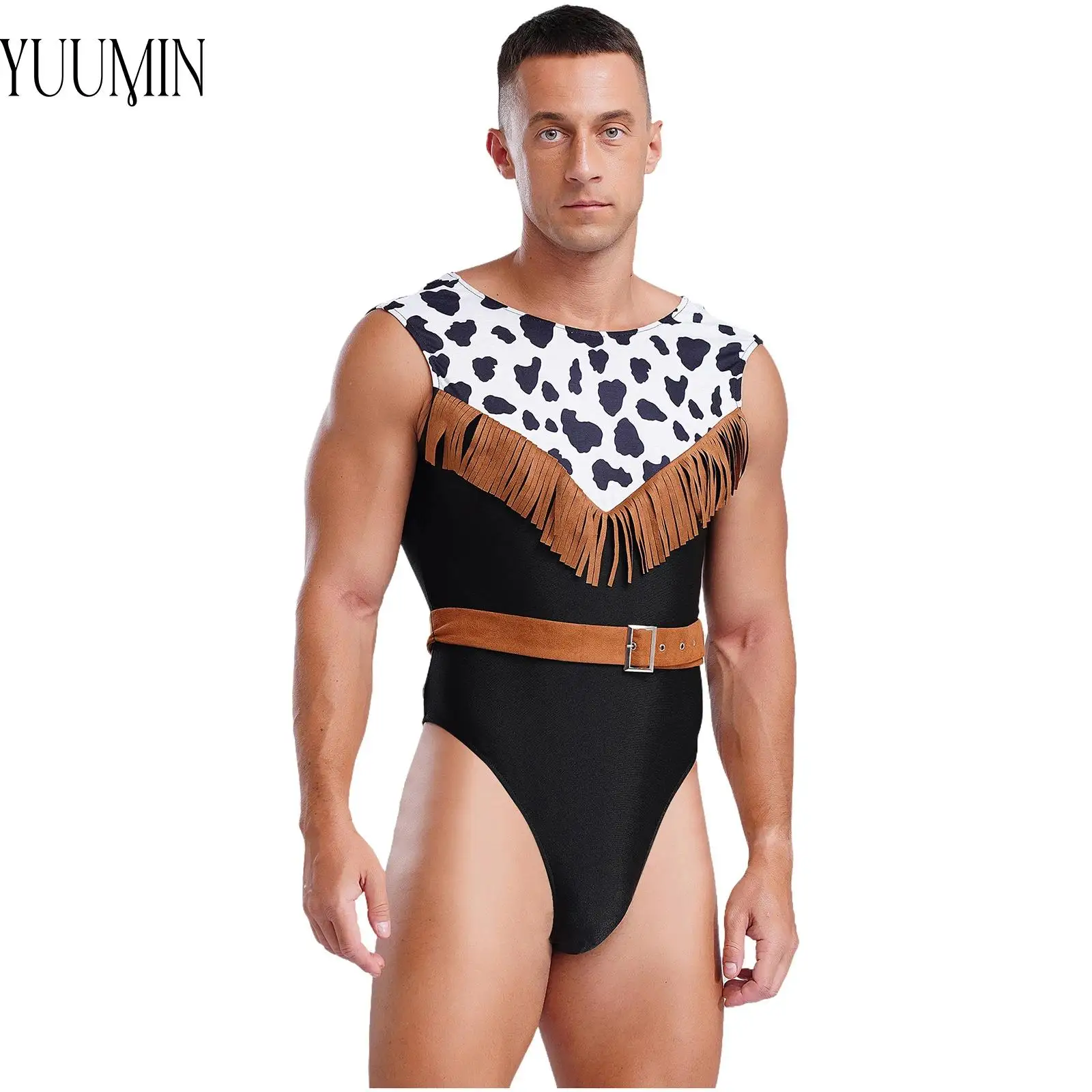 Men Halloween Cowboy Bodysuit Cosplay Costume Dancewear Party Faux Suede Waist Belt Sleeveless Tassel Print Leotard One Piece