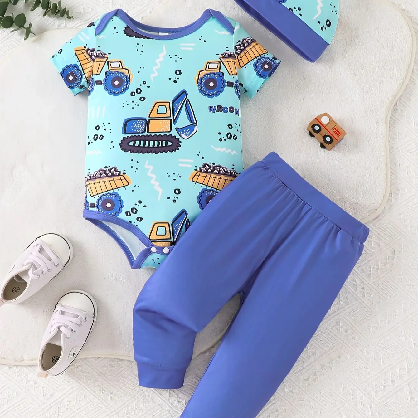 Zomer Nieuwe Aanwinst Baby Cartoon Truck Olifant Print Korte Mouwen Romper Broek Hoed 3-delig Set - afbeelding 2