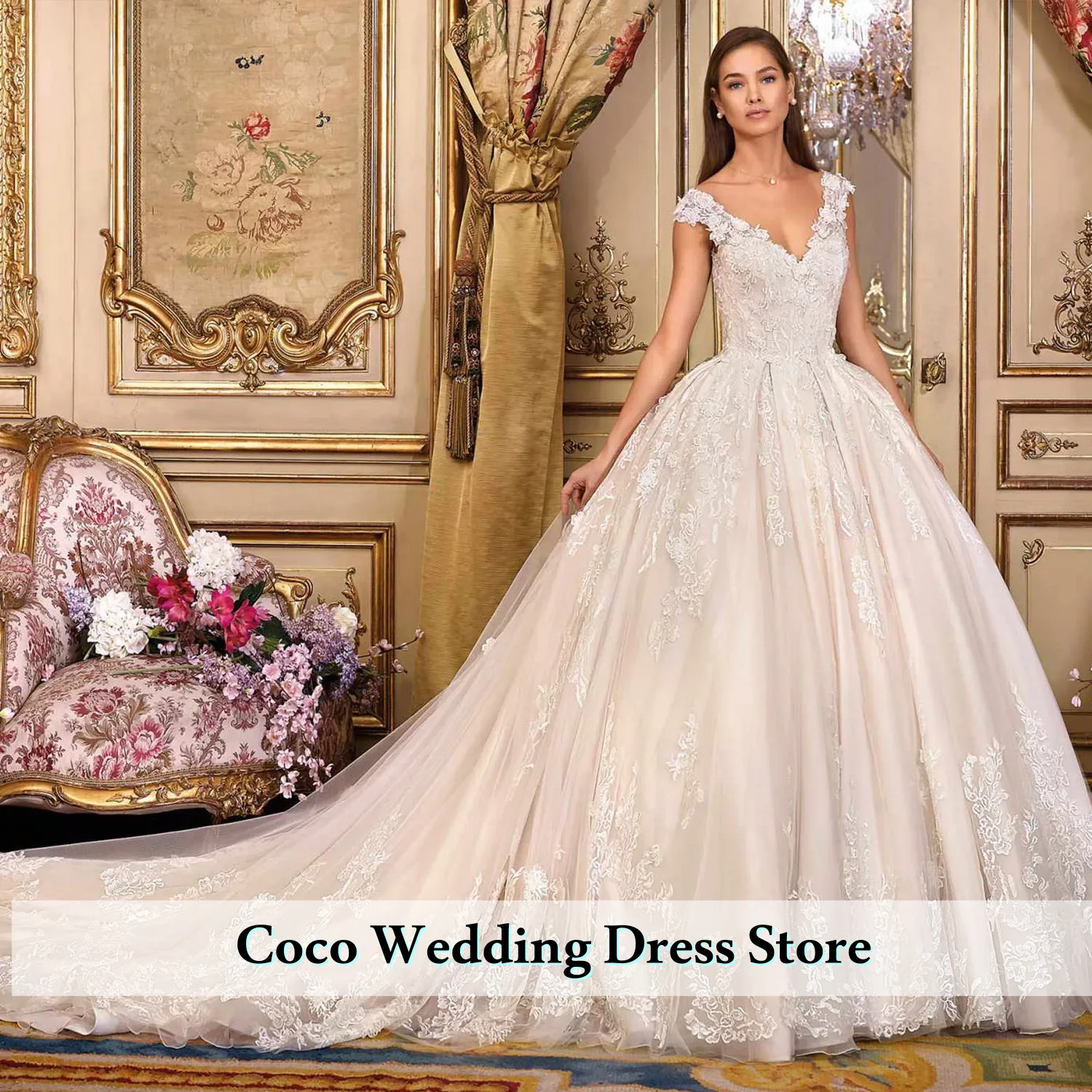 

Изысканные свадебные платья-баллоны с кружевом на заказ, с V-образным вырезом, аппликациями, бисером и шлейфом-чапел. Свадебные платья Vestidos De Novia.