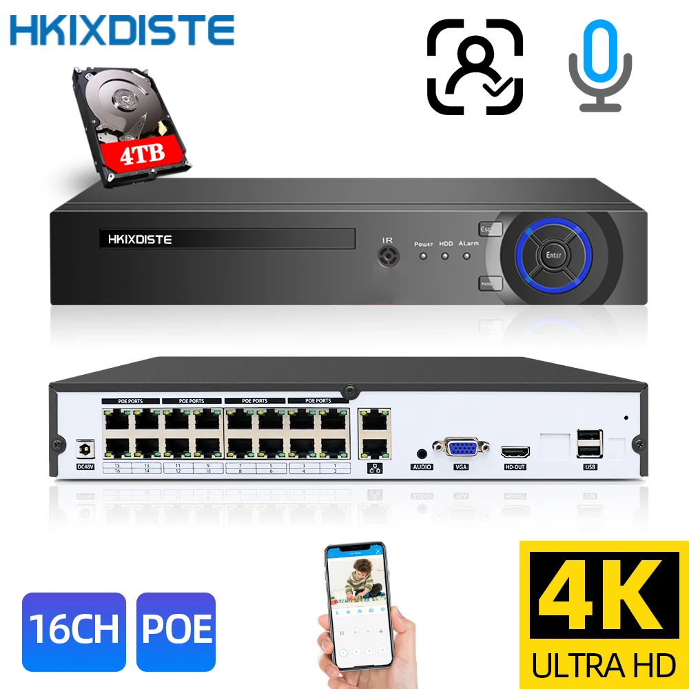 

HKIXDISTE 16CH 4K POE NVR Recorder For CCTV Kit VGA Security System NVR For 1080P/3MP/5MP/8MP/4K POE IP Camera NVR H.265+