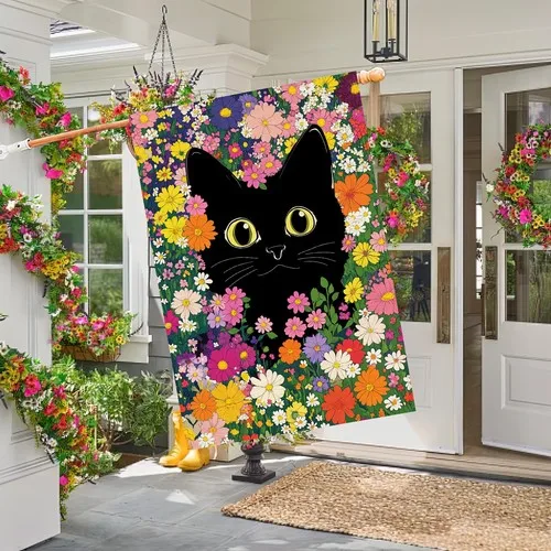 Spring Summer Cat House Flag Double Sided 28 x 40 Inch Funny Black Cat Flower... PPZ