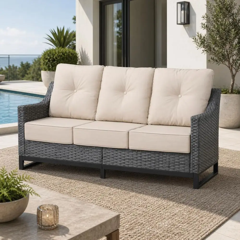 

All-Weather PE Rattan 3-Seat Sofa with Cushions for Patio, Porch, Garden, Deck - Beige