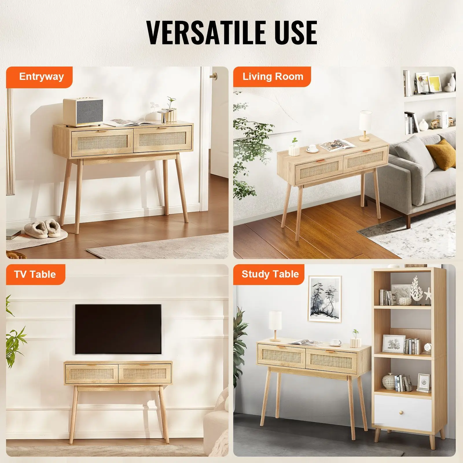 Rattan Console Table with 2 Storage Drawers, Rattan Entryway Table with Natural Rattan Sliding Door, Console Sofa Table for Livi