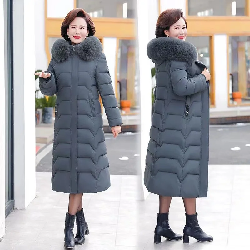 Fashion Mother\'s Winter Jacket 8XL Thicken Parkas Women Slim Down Cotton Fur Collar Hooded Coat Female Warm Long Parker Overcoat