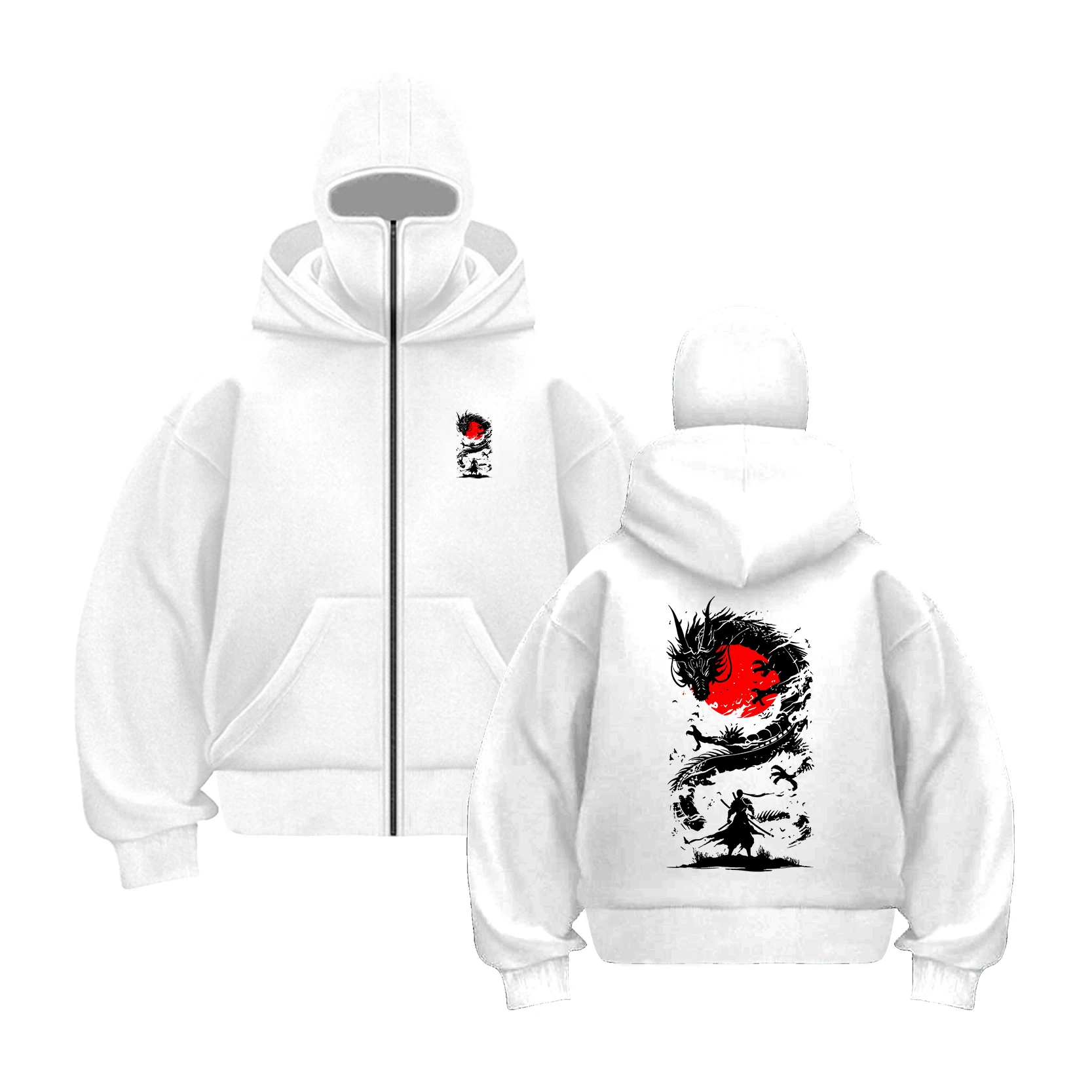 

White Dragon With Red Sun And Swordsman Prints Streetwear Man'S zipper Hoodies Autumn Sport Hoodie Casual Loose Top