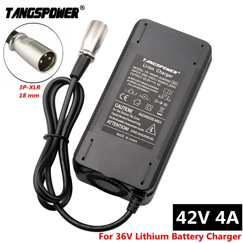 36V Charger 42V 4A Lithium Battery Charger For 10S 36V Li-ion Battery Pack 3-Pin XLR Connector 150W Fast Charging With Fan 