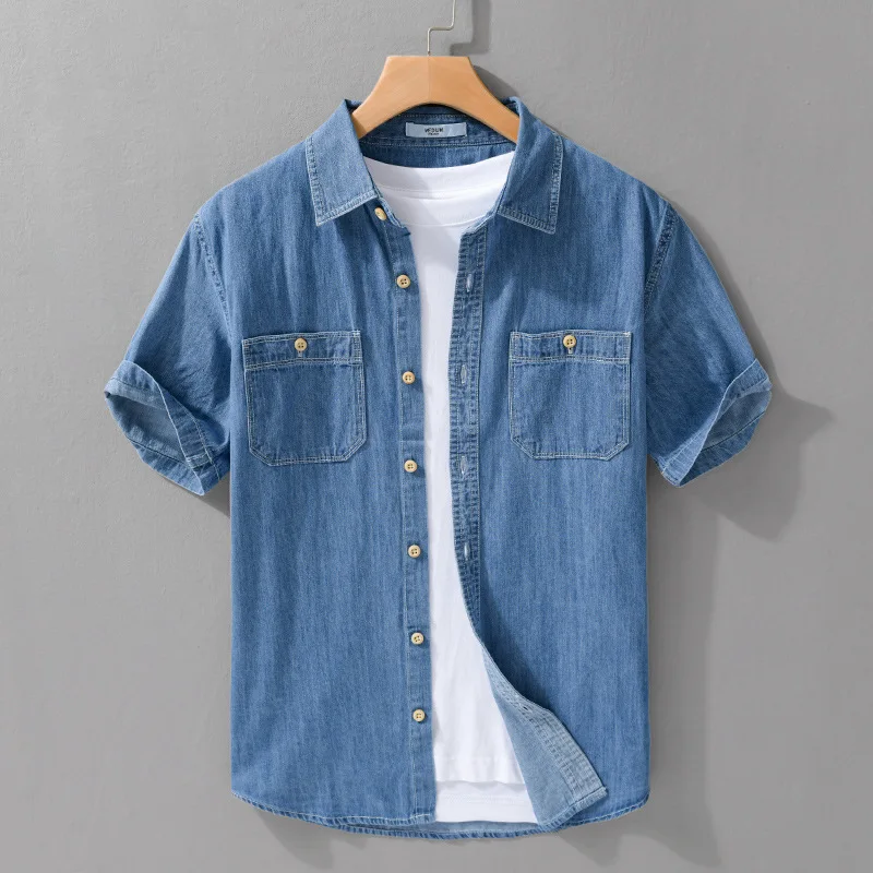 BOWEYLUN Camisa jeans casual de manga curta 100% algodão para homens, blusa jovem de cor sólida confortável e respirável
