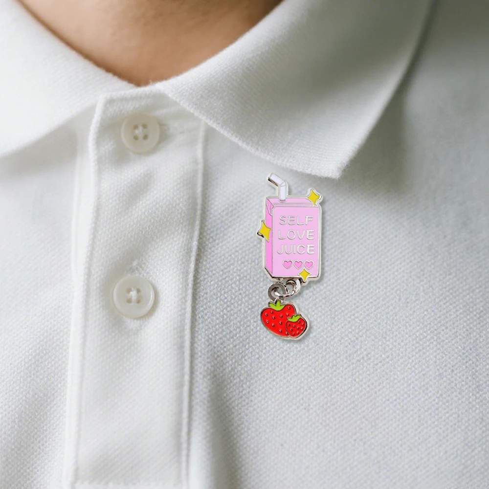 Self Love Juice Emaille-Anstecker, niedlicher Erdbeer-Anhänger, Self-Care-Abzeichen, „Take Care Of Yourself“-Brosche, Juice-Box-Schmuck, Dekoration – Detail 6