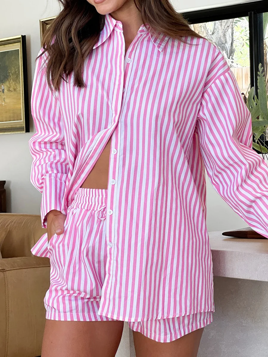 Women Summer Shorts Outfit Striped Long Sleeve Loose Button Up Shirts Tops Elastic Waist Shorts 2 Pieces Lounge Set Casual Daily