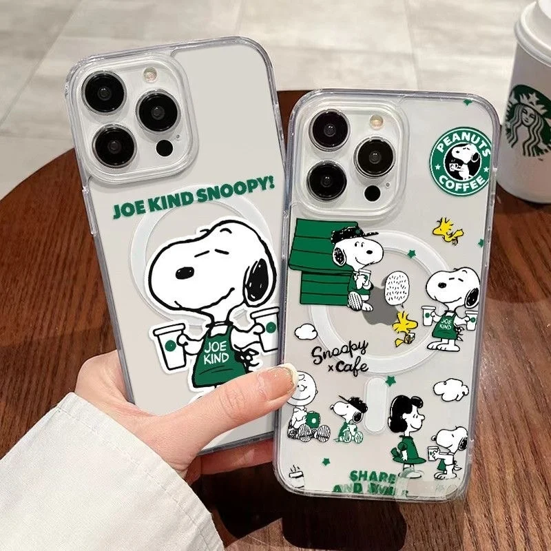 

Cute Cartoon Snoopy coffee Clear Magsafe Wireless Charge Phone Case For iPhone 11 12 13 14 15 16 Pro Max Plus Magnetic Stand﻿﻿