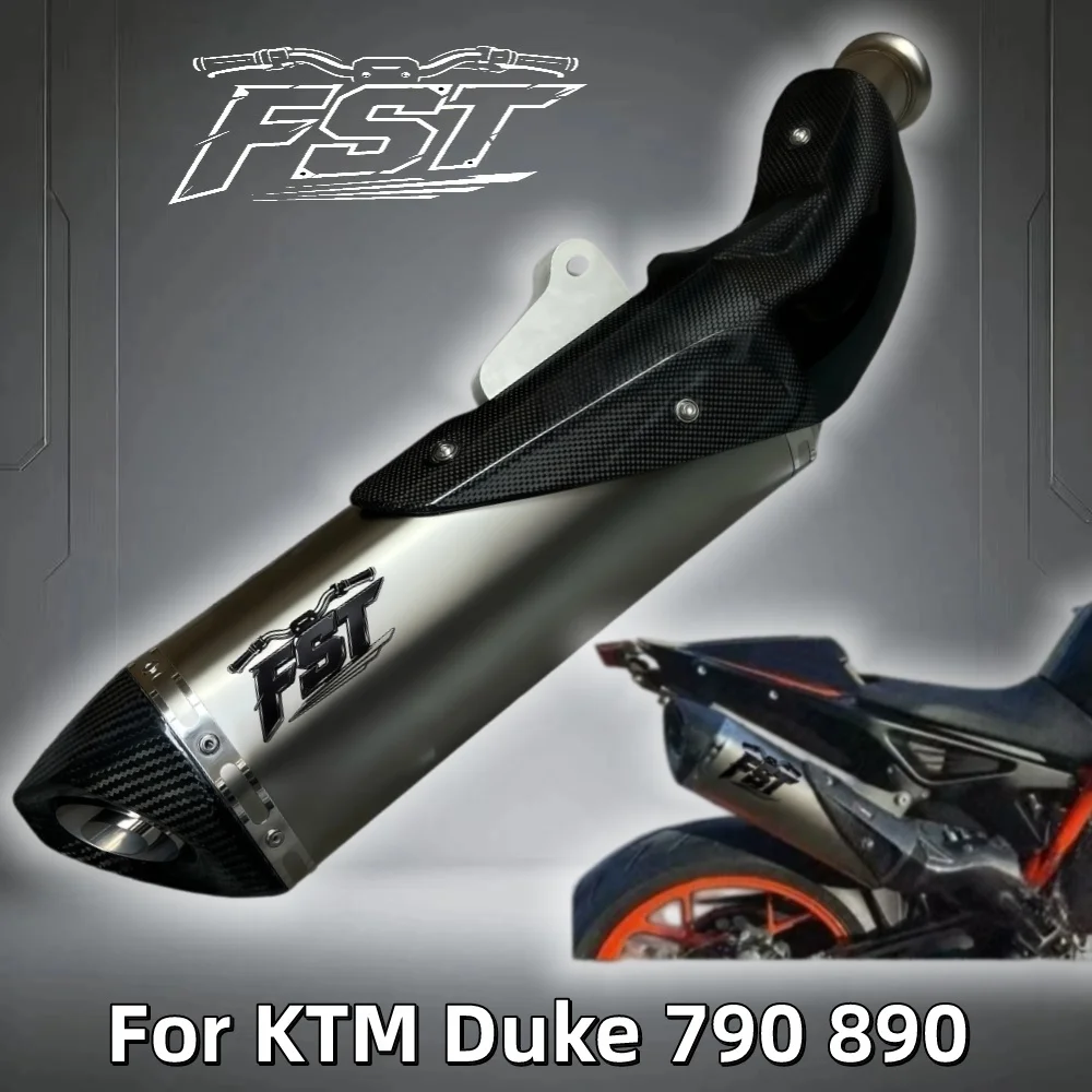 For Carbon fiber exhaust pipe for 790 Duke / 890 Duke FTS, featuring a dotted carbon pattern and dual mounting brackets.