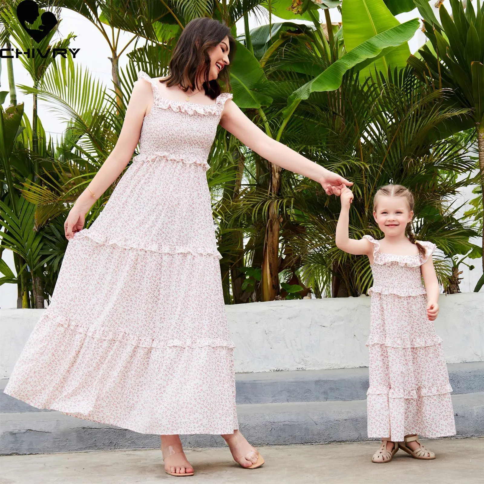 New Mother Daughter Summer Loose Dresses Sleeveless Floral Ruffles Beach Casual Dress Mom Mommy and Me Family Matching Outfits