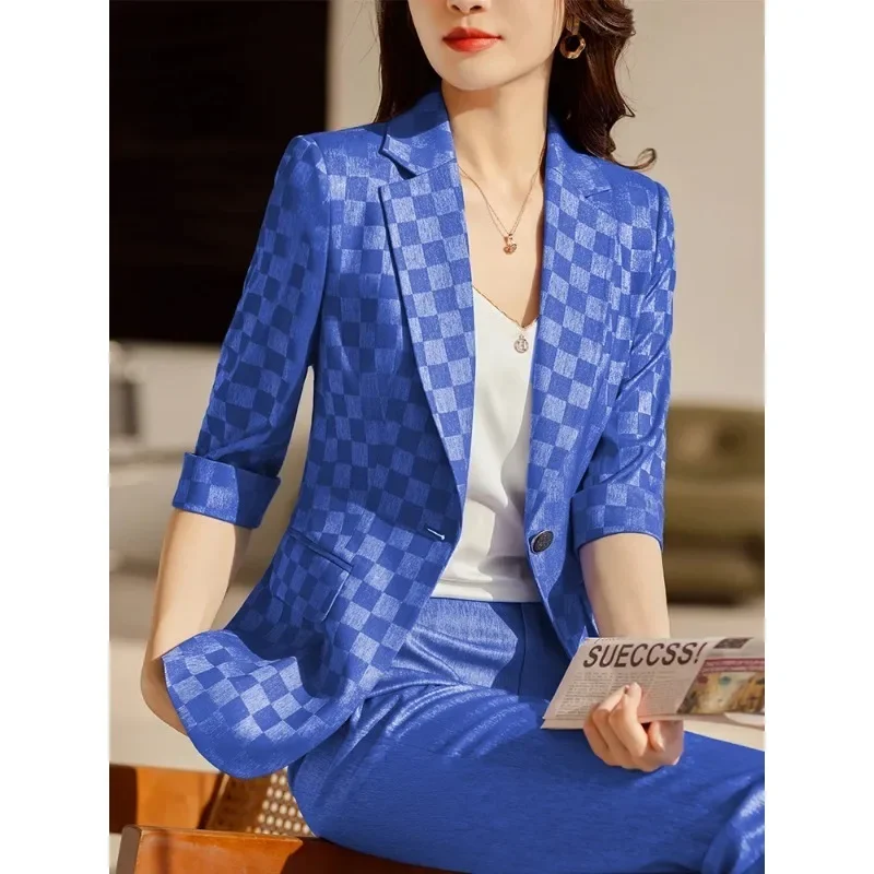 Estate primavera moda donna Blazer donna albicocca nero blu Plaid mezza manica donna lavoro lavoro indossare giacca formale