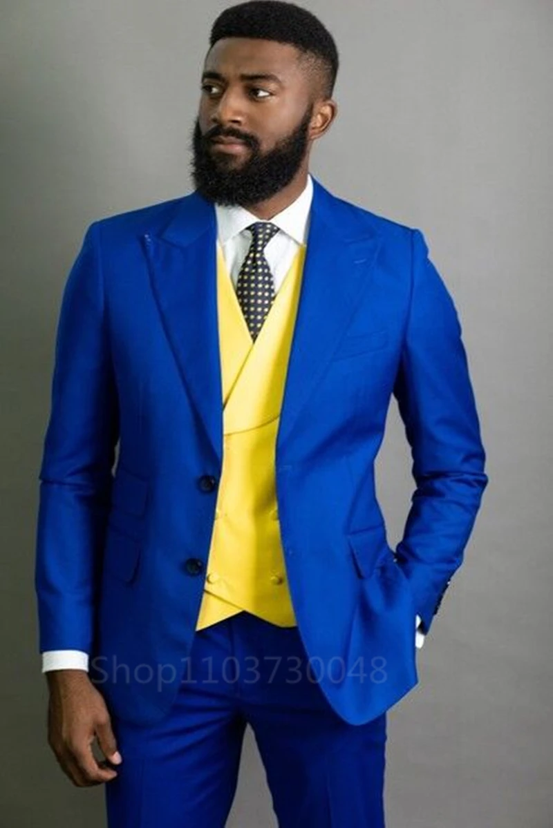 

Elegant Royal Blue Men Suits Smart Casual Single Breasted Slim Fit Blazer Vest Pants High Quality 3 Piece Party Costume Homme