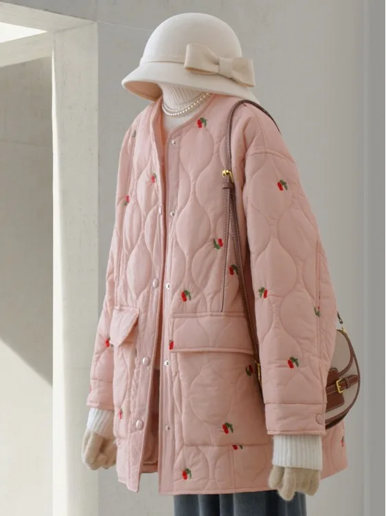 الكرز الوردي المطرزة القطن Jaet الكورية Sle سليم صالح الماس نمط شتاء جديد وصول المرأة Faion تخفيف Sle