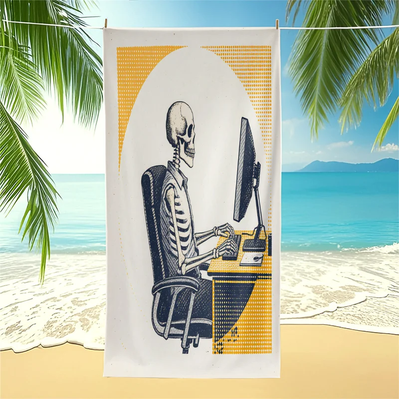 Retro Skeleton Office Worker Beach Towel Gothic Skull Typing On Computer Print Swim Towel Quick Dry Portable Travel Bath Towel