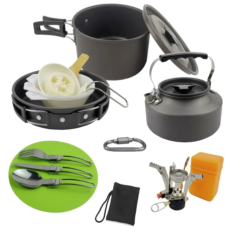 Camping Cookware Pots Pans Picnic Cooking Set Non-stick Tableware Burner Foldable Spoon Fork Knife Board Outdoor Cookware Sets