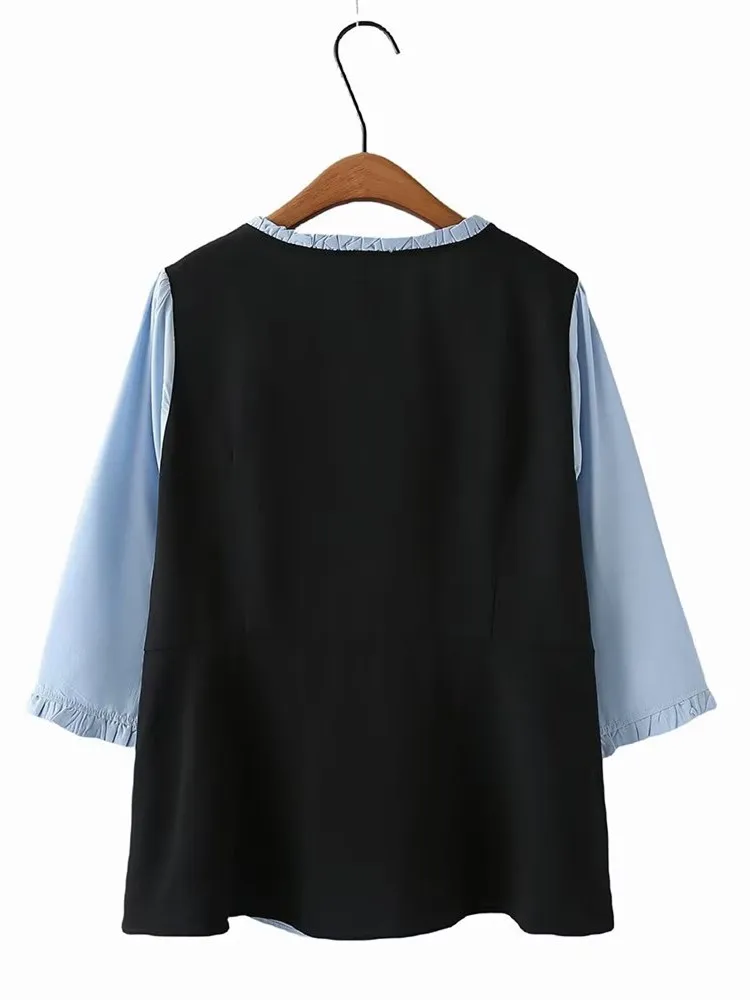 Plus Size Women's Shirt Round Neck Three-Quarter Sleeves With Ruffle Pleat Patchwork Asymmetrical Decoration Bottom Slit Shirt