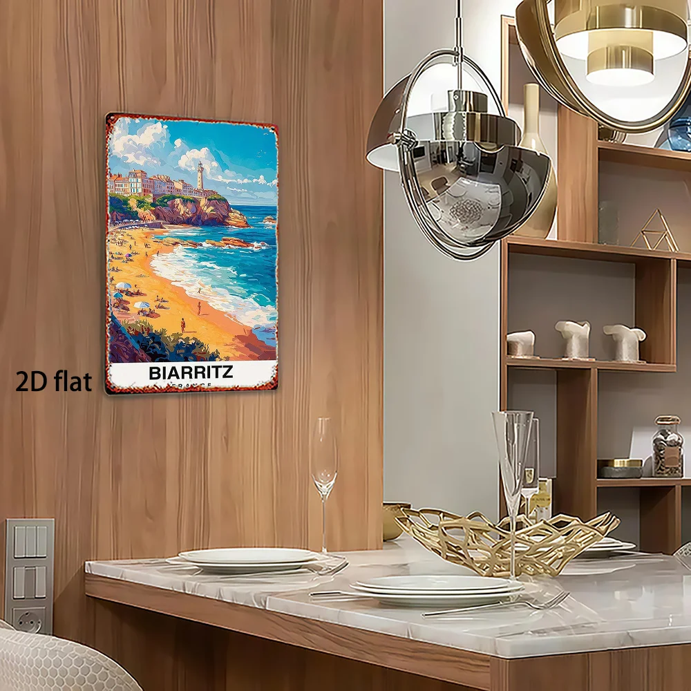 2D Flat, 1pc, Metal Sign, Biarritz France Beach Scenery Tin Painting Poster, Durable Metal Sign, Suitable for Bars, Bedrooms, Re