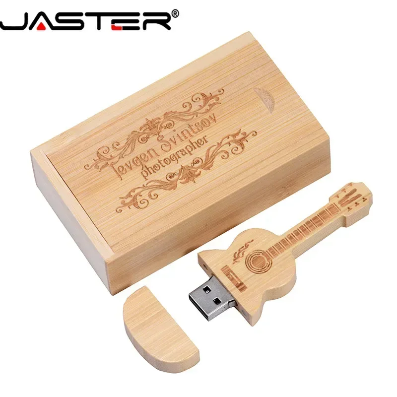 JASTER Gratis Custom Logo Pen drive Gitaarvormige USB flash drive Houten Doos Memory Stick Muziek Pendrive Creatief cadeau 64GB 128GB