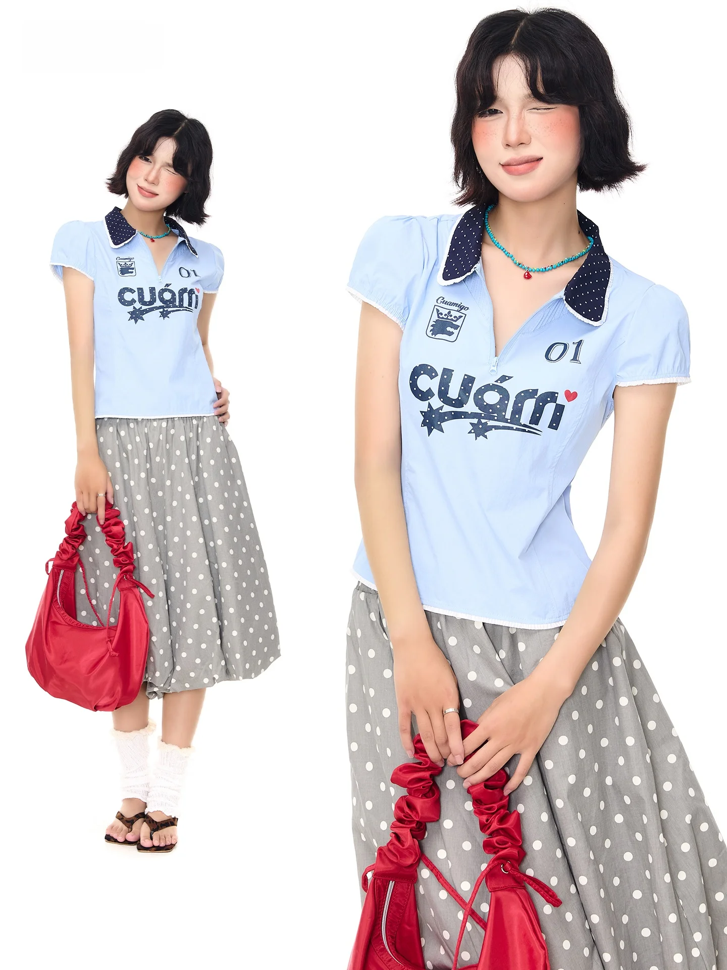 Sanowers Preppy Style Bubble Sleeve Polka Dot Collar Short Sleeve T-Shirt Women Summer Slimming Youthful Short Length Top