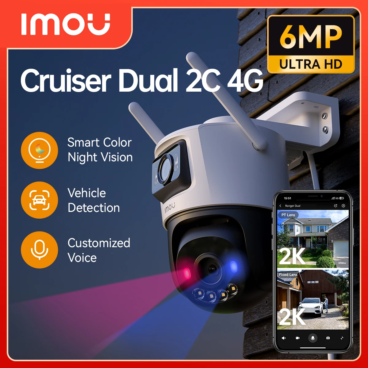 IMOU Cruiser Dual 2C 4G Dual Lens Security Camera AI Human Vehicle Detection Red-Blue Warning Light Surveillance Outdoor Camera