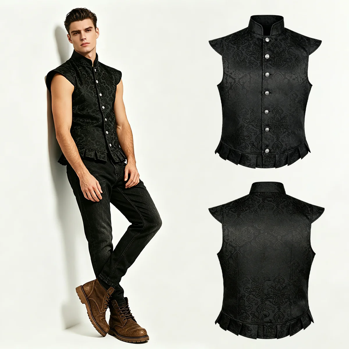 Men Vintage Brocade Sleeveless Waistcoat Gothic Steampunk Stand Collar Ruffle Hem Vest Medieval Halloween Cosplay Outfit