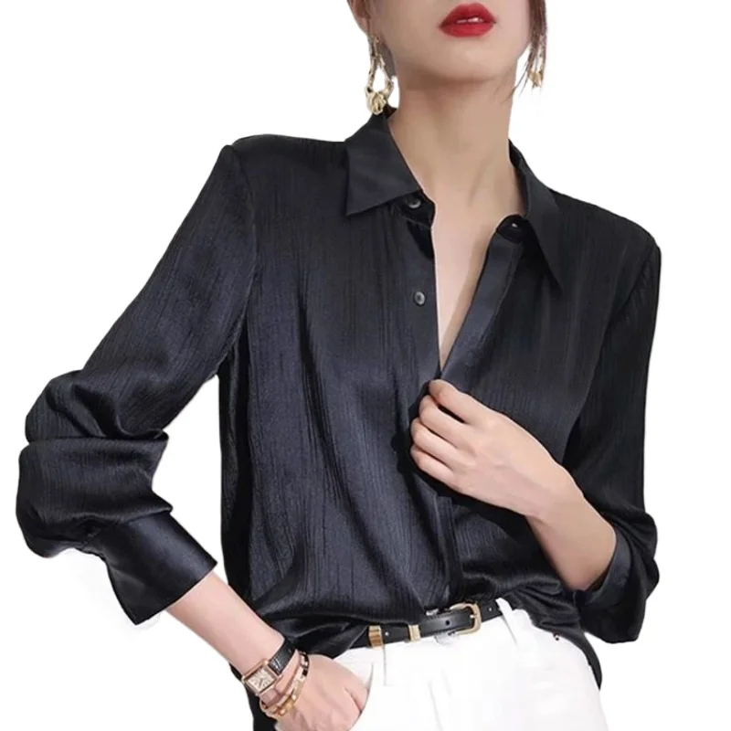 

French Black Blouse Women Clothing Trend High-end Single-breasted Shirt Long Sleeve Tops Loose Blouse Femmes Office Lady Shirts