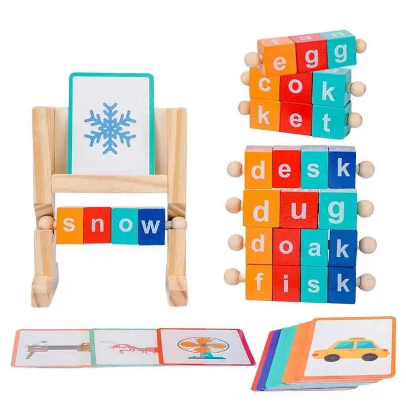 Short Vowel Reading Blocks Early Educational Montessori Alphabet Learning Toys Letter Wooden Spelling Block Games For Kids