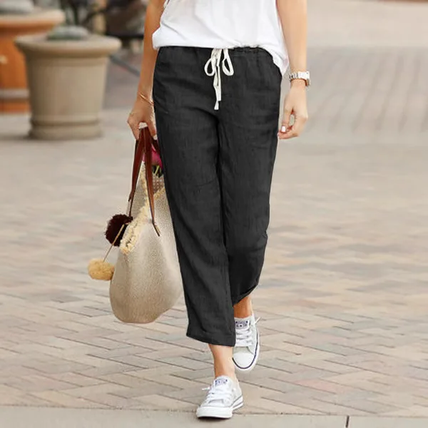 Pants women 2026 casual Spring Autumn solid color loose casual drawstring elastic Waist cotton linen long pants women's clothing