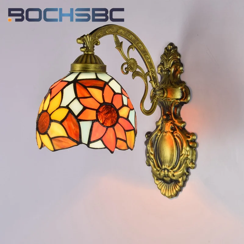 

BOCHSBC Tiffany style stained glass 6 inch American pastoral Sunflower wall lamp Bar Restaurant Bedroom bed hallway LED decor